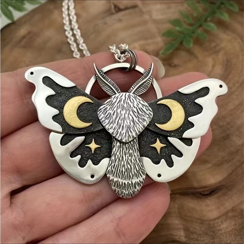 Moth crescent moon silver necklace